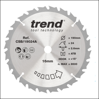 Trend Wood Circular Saw Blade 190mm X 16mm X 24t - Code CSB/19024A