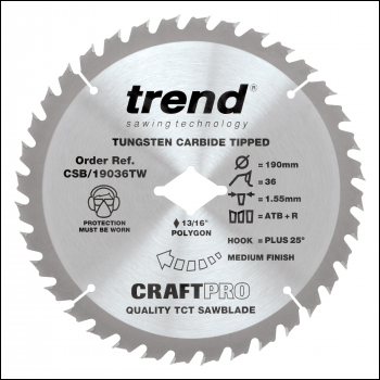 Trend Craft Sawblade 190mm X 36 Teeth X 5/8 Thin Wormdrive - Code CSB/19036TW
