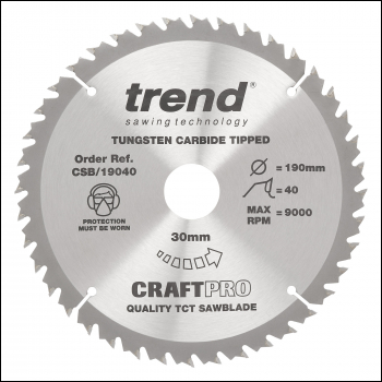 Trend The Craft Pro 190mm Diameter 30mm Bore 40 Tooth General Purpose Saw Blade For Hand Held Circular Saws. - Code CSB/19040