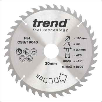 Trend The Craft Pro 190mm Diameter 30mm Bore 40 Tooth General Purpose Saw Blade For Hand Held Circular Saws. - Code CSB/19040