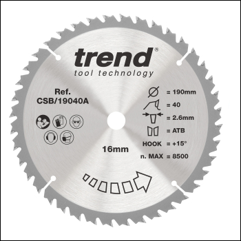 Trend Wood Circular Saw Blade 190mm X 16mm X 40t - Code CSB/19040A
