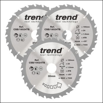 Trend Wood Cordless Circular Saw Blade 190mm X 30mm X 24t, 3 Pack - Code CSB/190/3PK/A