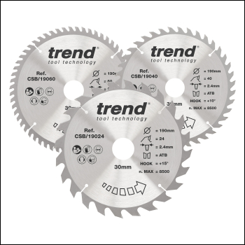 Trend Wood Circular Saw Blade 190mm X 30mm X 24/40/60t, 3 Pack - Code CSB/190/3PK