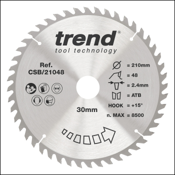 Trend The Craft Pro 210mm Diameter 30mm Bore 48 Tooth General Purpose Saw Blade For Table Saws And Hand Held Circular Saws. - Code CSB/21048