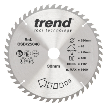 Trend Craft Pro 250mm Diameter 30mm Bore 48 Tooth General Purpose Saw Blade For Table Saws. - Code CSB/25048