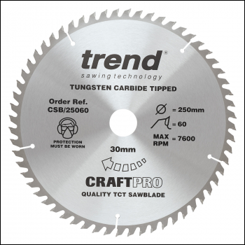 Trend Craft Pro 250mm Diameter 30mm Bore 60 Tooth Fine Finish Cut Saw Blade For Table Saws - Code CSB/25060