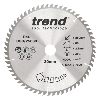 Trend Craft Pro 250mm Diameter 30mm Bore 60 Tooth Fine Finish Cut Saw Blade For Table Saws - Code CSB/25060