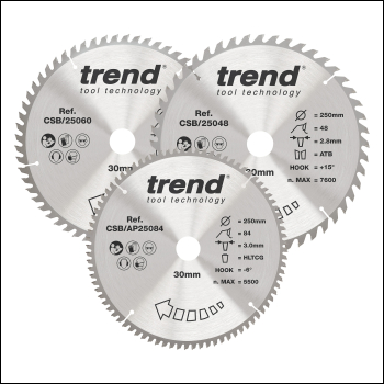Trend Wood Circular Saw Blade 250mm X 30mm X 48/60/84t, 3 Pack - Code CSB/250/3PK