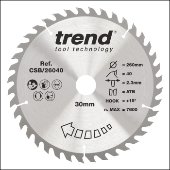 Trend Wood Circular Saw Blade 260mm X 30mm X 40t - Code CSB/26040