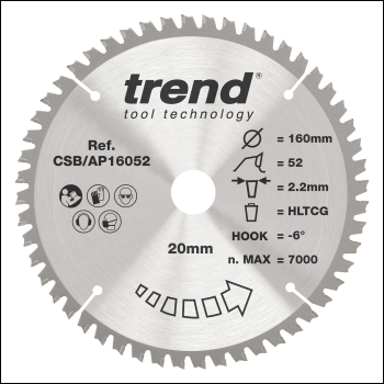 Trend Craft Saw Blade Aluminium And Plastic 160 X 52 Teeth X 20 - Code CSB/AP16052