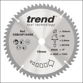 Trend Aluminium/plastic Circular Saw Blade 184mm X 16mm X 58t - Code CSB/AP18458