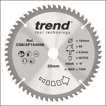 Trend Aluminium/plastic Circular Saw Blade 184mm X 20mm X 58t - Code CSB/AP18458B