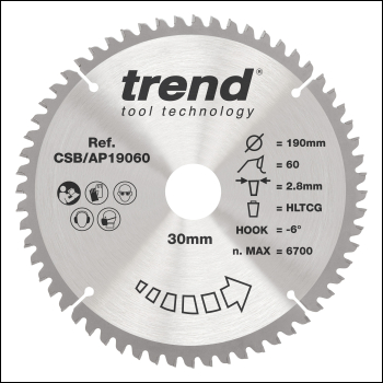 Trend Aluminium/plastic Circular Saw Blade 190mm X 30mm X 60t - Code CSB/AP19060