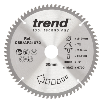 Trend Aluminium/plastic Circular Saw Blade 210mm X 30mm X 72t - Code CSB/AP21072