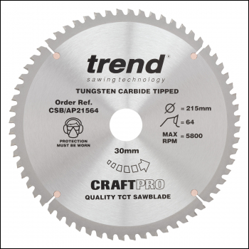 Trend Craft Saw Blade Aluminium And Plastic 215mm X 64 Teeth X 30mm - Code CSB/AP21564