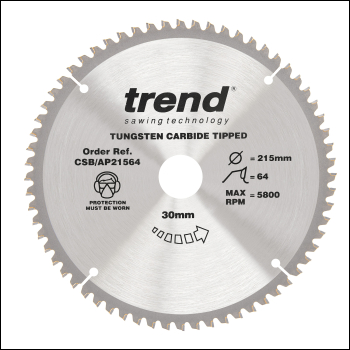 Trend Craft Saw Blade Aluminium And Plastic 215mm X 64 Teeth X 30mm - Code CSB/AP21564