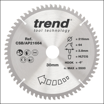 Trend The Craft Pro 216mm Diameter 30mm Bore 64 Tooth Aluminium And Plastics Saw Blade For Mitre Saws - Code CSB/AP21664