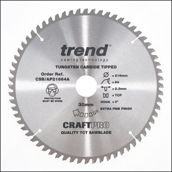 Trend Craft Saw Blade Aluminium And Plastic 216mm X 64 Teeth X 30mm - Code CSB/AP21664A