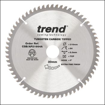 Trend Craft Saw Blade Aluminium And Plastic 216mm X 64 Teeth X 30mm - Code CSB/AP21664A