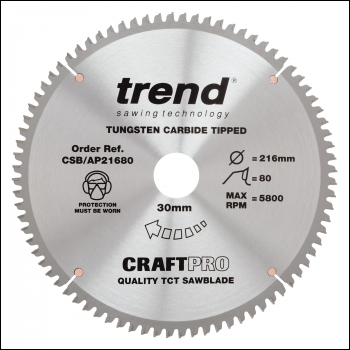 Trend Craft Saw Blade Aluminium And Plastic 216mm X 80 Teeth X 30mm - Code CSB/AP21680