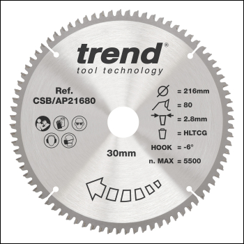 Trend Craft Saw Blade Aluminium And Plastic 216mm X 80 Teeth X 30mm - Code CSB/AP21680