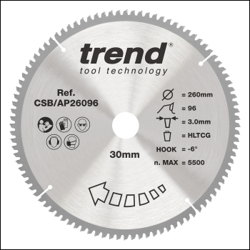 Trend Aluminium/plastic Circular Saw Blade 260mm X 30mm X 96t - Code CSB/AP26096