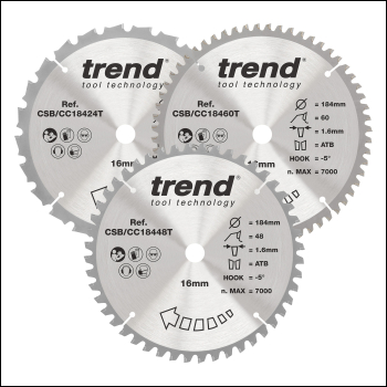 Trend Wood Cordless Mitre Saw Blade 184mm X 16mm X 24/48/60t, 3 Pack - Code CSB/CC184/3PK
