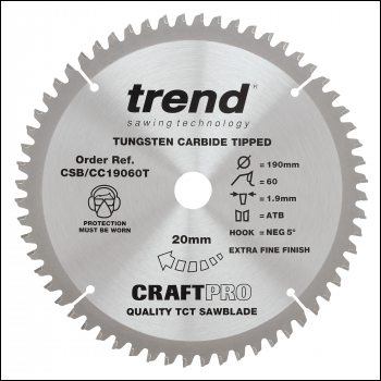 Trend Craft Saw Blade Crosscut 190mm X 60 Teeth X 20mm Thin - Code CSB/CC19060T