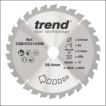 Trend Wood Mitre Saw Blade 210mm X 25.4mm X 30t - Code CSB/CC21030B