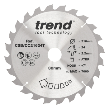 Trend Wood Cordless Atbr Mitre Saw Blade 216mm X 30mm X 24t - Code CSB/CC21624T