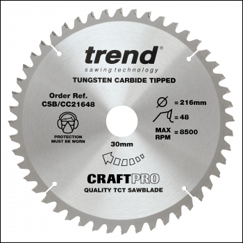 Trend Craft Pro 216mm Diameter 30mm Bore 48 Tooth Medium/fine Cut Saw Blade For Mitre Saws - Code CSB/CC21648