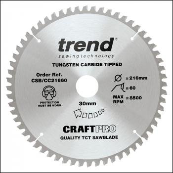 Trend Craft Pro 216mm Diameter 30mm Bore 60 Tooth Fine Finish Cut Saw Blade For Mitre Saws - Code CSB/CC21660
