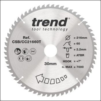 Trend Craft Saw Blade Crosscut 216mm X 60 Teeth X 30mm Thin - Code CSB/CC21660T