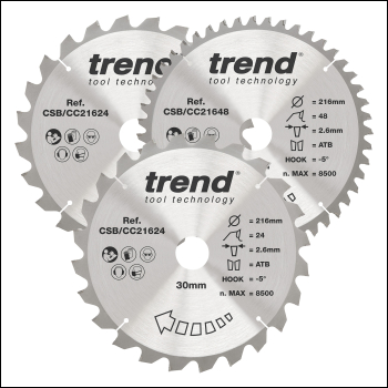 Trend Wood Mitre Saw Blade 216mm X 30mm X 24/48t, 3 Pack - Code CSB/CC216/3/A