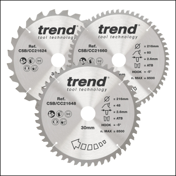 Trend Wood Mitre Saw Blade 216mm X 30mm X 24/48/60t, 3 Pack - Code CSB/CC216/3PK