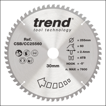 Trend Wood Mitre Saw Blade 255mm X 30mm X 60t - Code CSB/CC25560