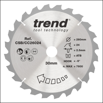 Trend Wood Mitre Saw Blade 260mm X 30mm X 24t - Code CSB/CC26024
