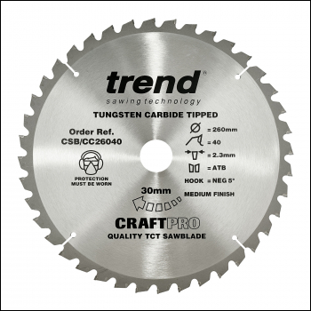 Trend Craft Saw Blade Crosscut 260mm X 40 Teeth X 30mm - Code CSB/CC26040