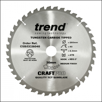 Trend Wood Mitre Saw Blade 260mm X 30mm X 40t - Code CSB/CC26040