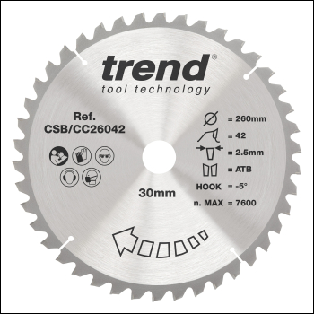 Trend Wood Mitre Saw Blade 260mm X 30mm X 42t - Code CSB/CC26042