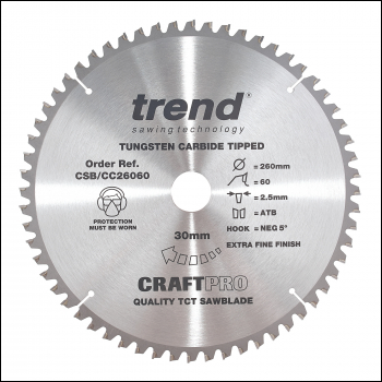 Trend Craft Saw Blade Crosscut 260mm X 60 Teeth X 30mm - Code CSB/CC26060