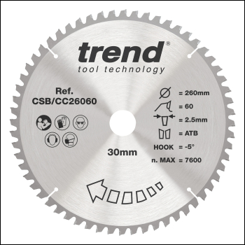 Trend Wood Mitre Saw Blade 260mm X 30mm X 60t - Code CSB/CC26060