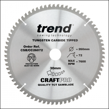 Trend Craft Saw Blade Crosscut 260mm X 72 Teeth X 30mm - Code CSB/CC26072