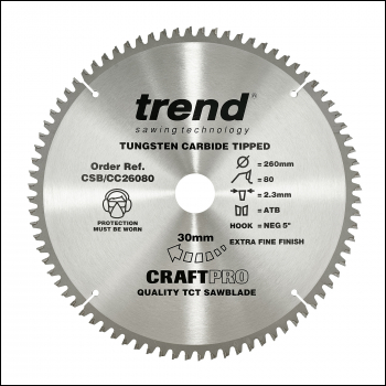 Trend Craft Saw Blade Crosscut 260mm X 80 Teeth X 30mm - Code CSB/CC26080