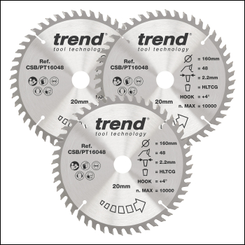 Trend Laminate/hpl Circular Saw Blade 160mm X 20mm X 48t, 3 Pack - Code CSB/PT160/3PK