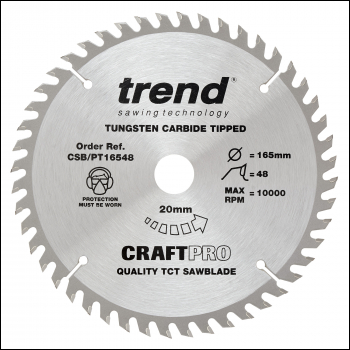 Trend Craftpro 165mm Diameter 20mm Bore 48 Tooth Fine Finish Cut Saw Blade For Plunge Saws - Code CSB/PT16548