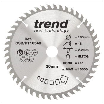 Trend Craftpro 165mm Diameter 20mm Bore 48 Tooth Fine Finish Cut Saw Blade For Plunge Saws - Code CSB/PT16548