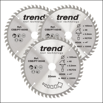 Trend Laminate / Hpl Circular Saw Blade 165mm X 20mm X 48t, 3 Pack - Code CSB/PT165/3PK