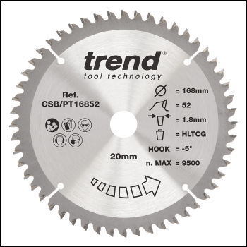 Trend Laminate/hpl Circular Saw Blade 168mm X 20mm X 52t - Code CSB/PT16852