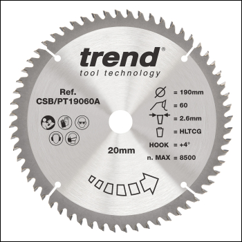 Trend Laminate/hpl Circular Saw Blade 190mm X 20mm X 60t - Code CSB/PT19060A